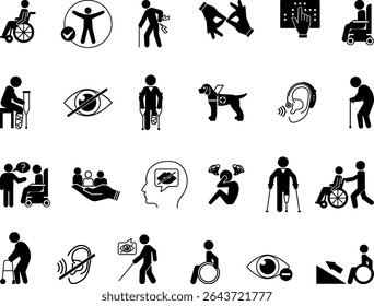 Black Disability Icon Set. Vector Illustrations Wheelchair, Crutches, Blindness, Deafness, Sign Language, Inclusion, Speech Impairment, Mental Illness, Ramp, Hearing Aid, and More