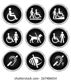 Black disability related icon set isolated on white background