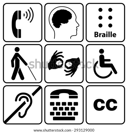 black disability symbols and signs collection, may be used to publicize accessibility of places, and other activities for people with various disabilities.vector illustration