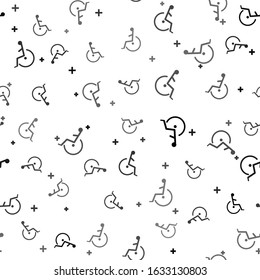 Black Disabled handicap icon isolated seamless pattern on white background. Wheelchair handicap sign.  Vector Illustration
