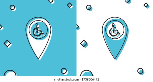 Black Disabled Handicap in map pointer icon isolated on blue and white background. Invalid symbol. Wheelchair handicap sign. Random dynamic shapes. Vector Illustration