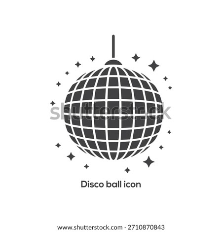 Black Disco Ball Icon Vector with Star Sparkle for Nightlife, Party, Celebration, Retro Event, and Dance Graphics.