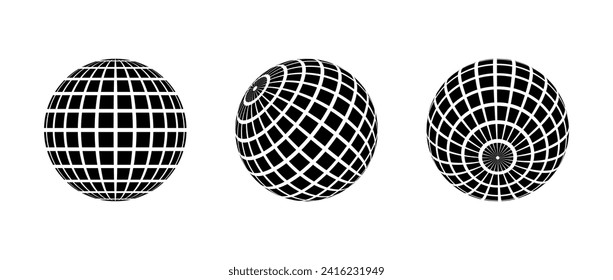 Juego de bolas de disco negro. Colección de esferas de alambre en diferentes ángulos. Rejilla globo planeta. Esquema del paquete de elementos de la bola de espejos para afiches, banner, cubierta musical, fiesta. Ilustración del vector