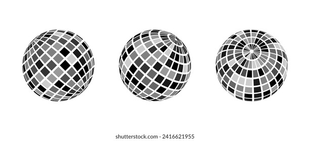 Black disco ball set. Collection of shining spheres in different angles. Turning music globe or planet bundle. Mirror ball element pack for poster, banner, music cover, party. Vector illustration