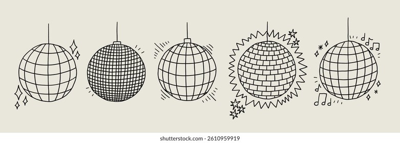 Black Disco Ball Sketch Set. Club Dance Party Mirror Discoball Collection. Doodle Vector Illustration
