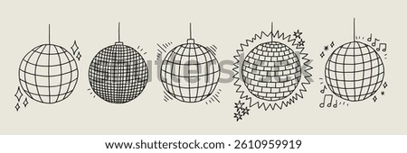 Black Disco Ball Sketch Set. Club Dance Party Mirror Discoball Collection. Doodle Vector Illustration