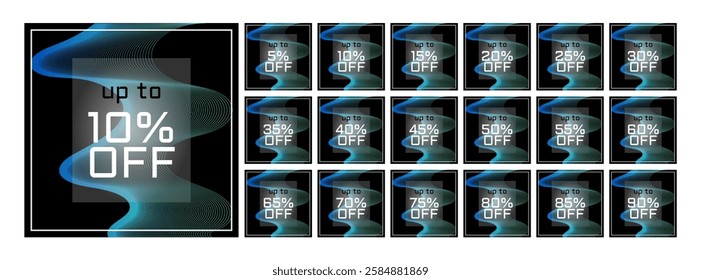 Black discount card with blue and green gradient waves in the background, transparency behind the discount percentages. Up to 5, 10, 15, 20, 25, 30, 35, 40, 45, 50, 55, 60, 65, 70, 75, 80, 85, 90 off.