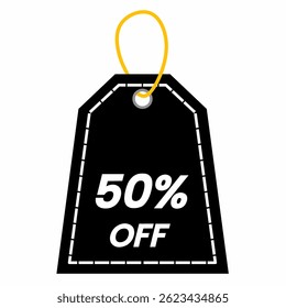 Ilustración vectorial negra de la etiqueta del descuento con el texto "50% OFF". Diseño de etiqueta de venta con cadena amarilla. Perfecto para Anuncios de promoción, marketing, publicidad, compras y comercio electrónico.