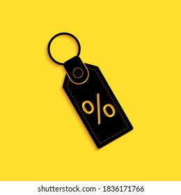 Black Discount percent tag icon isolated on yellow background. Shopping tag sign. Special offer sign. Discount coupons symbol. Long shadow style. Vector.