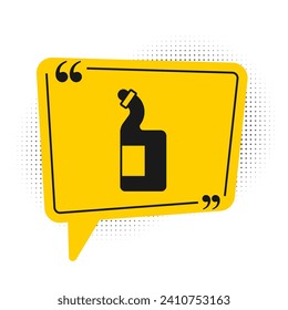 Black Dishwashing liquid bottle icon isolated on white background. Liquid detergent for washing dishes. Yellow speech bubble symbol. Vector