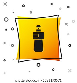 Black Dishwashing liquid bottle icon isolated on white background. Liquid detergent for washing dishes. Yellow square button. Vector Illustration