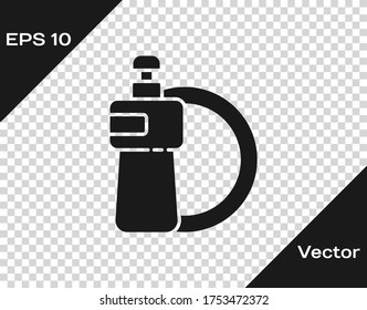 Black Dishwashing liquid bottle and plate icon isolated on transparent background. Liquid detergent for washing dishes. Vector Illustration