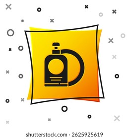 Black Dishwashing liquid bottle and plate icon isolated on white background. Liquid detergent for washing dishes. Yellow square button. Vector Illustration