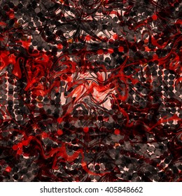 Black disks. Red smoke. Pink backdrop. Dark abstract seamless pattern. Dots and wavy lines.