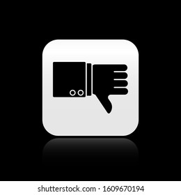 Black Dislike icon isolated on black background. Silver square button. Vector Illustration