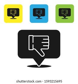 Black Dislike in speech bubble icon isolated on white background. Set icons colorful square buttons. Vector Illustration