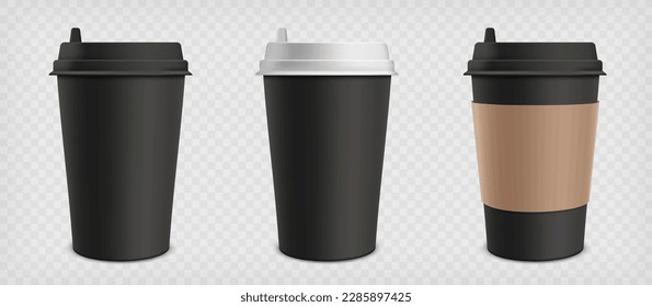 Black disposable cardboard or paper coffee mug. Mockup set isolated on transparent background. Vector illustration.