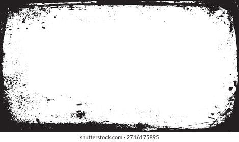 Un marco afligido negro con bordes ásperos y texturizados y Elementos grunge dispersos rodea un área blanca limpia, perfecta para agregar una textura grunge vintage, desgastada o abstracta al gráfico
