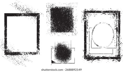 Formas geométricas afligidas negras y bordes sobre un fondo blanco.