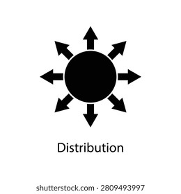 Black distribution icon with arrows radiating outward from a central circle above the word Distribution, representing network, logistics, resource allocation, and data flow.