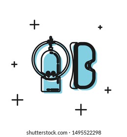 Black Diving mask and aqualung icon isolated on white background. Oxygen tank for diver. Extreme sport. Sport equipment.  Vector Illustration