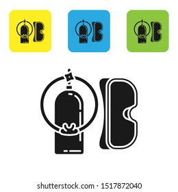Black Diving mask and aqualung icon isolated on white background. Oxygen tank for diver. Extreme sport. Sport equipment. Set icons colorful square buttons. Vector Illustration