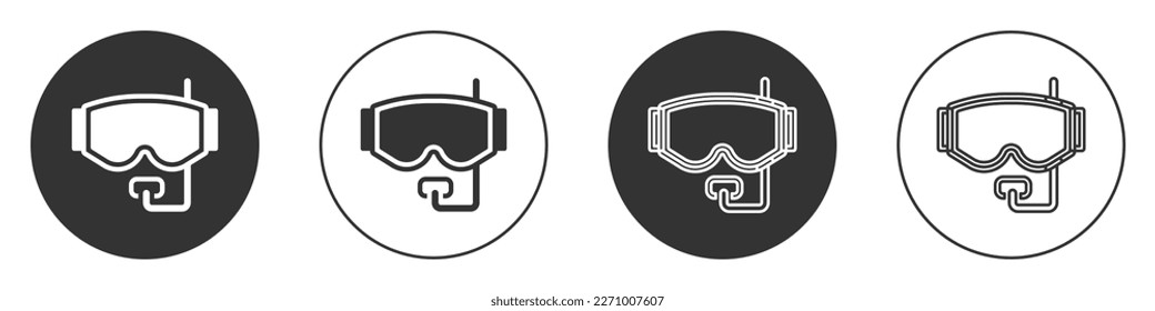 Black Diving mask icon isolated on white background. Extreme sport. Diving underwater equipment. Circle button. Vector