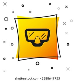 Black Diving mask icon isolated on white background. Extreme sport. Diving underwater equipment. Yellow square button. Vector