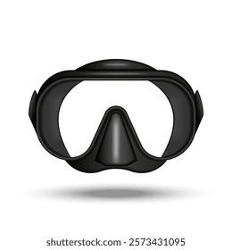 Black diving mask photo filter realistic 3d vector mockup front view for underwater exploration, snorkeling, scuba activities, and marine adventures.