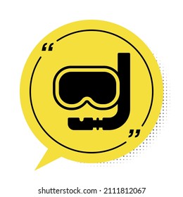 Black Diving mask and snorkel icon isolated on white background. Extreme sport. Diving underwater equipment. Yellow speech bubble symbol. Vector