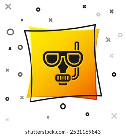 Black Diving mask and snorkel icon isolated on white background. Extreme sport. Diving underwater equipment. Yellow square button. Vector