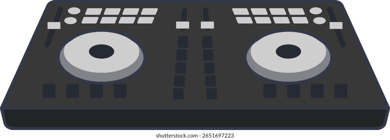 Um controlador de DJ preto para mixar música, com botões, jog wheel e faders. Vista de cima para baixo em estilo de desenho animado plano.