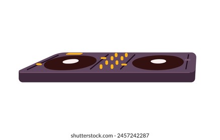 Black DJ controller perspective. Turntable with buttons, vinyl. Equipment for disc jockeys. Mixing console, mixer to play disco, techno, electro music. Flat isolated vector illustration on white