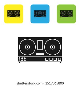Black DJ remote for playing and mixing music icon isolated on white background. DJ mixer complete with vinyl player and remote control. Set icons colorful square buttons. Vector Illustration