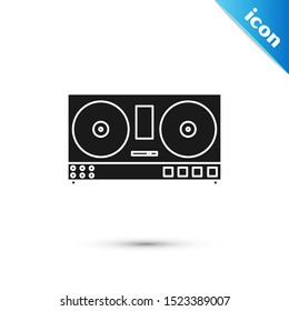 Black DJ remote for playing and mixing music icon isolated on white background. DJ mixer complete with vinyl player and remote control.  Vector Illustration