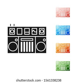 Black DJ remote for playing and mixing music icon isolated on white background. DJ mixer complete with vinyl player and remote control. Set icons colorful. Vector Illustration