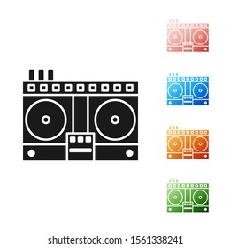 Black DJ remote for playing and mixing music icon isolated on white background. DJ mixer complete with vinyl player and remote control. Set icons colorful. Vector Illustration