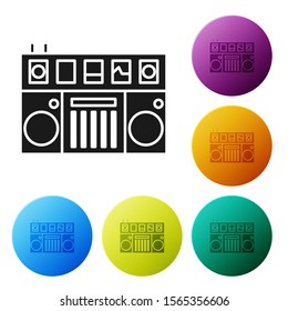 Black DJ remote for playing and mixing music icon isolated on white background. DJ mixer complete with vinyl player and remote control. Set icons colorful circle buttons. Vector Illustration