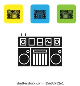 Black DJ remote for playing and mixing music icon isolated on white background. DJ mixer complete with vinyl player and remote control. Set icons colorful square buttons. Vector Illustration
