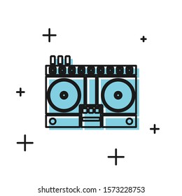 Black DJ remote for playing and mixing music icon isolated on white background. DJ mixer complete with vinyl player and remote control.  Vector Illustration
