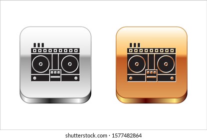 Black DJ remote for playing and mixing music icon isolated on white background. DJ mixer complete with vinyl player and remote control. Silver-gold square button. Vector Illustration