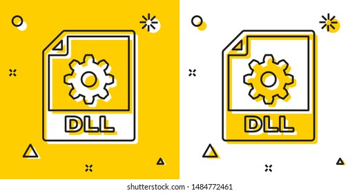 Black DLL file document. Download dll button icon isolated on yellow and white background. DLL file symbol. Random dynamic shapes. Vector Illustration