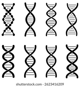 Black DNA icons. Black schematic representations of DNA molecule isolated on white background. Vector illustration.