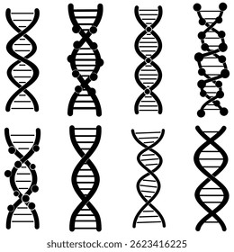 Black DNA icons. Black schematic representations of DNA molecule isolated on white background. Vector illustration.