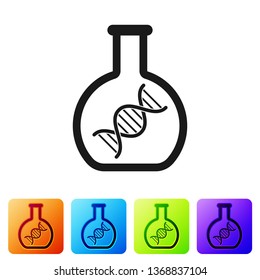 Black DNA research, search icon isolated on white background. Genetic engineering, genetics testing, cloning, paternity testing. Set icon in color square buttons. Vector Illustration
