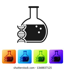 Black DNA research, search icon isolated on white background. Genetic engineering, genetics testing, cloning, paternity testing. Set icon in color square buttons. Vector Illustration