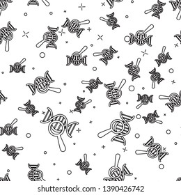 Black DNA research, search icon isolated seamless pattern on white background. Magnifying glass and dna chain. Genetic engineering, cloning, paternity testing. Vector Illustration