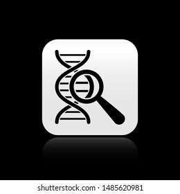 Black DNA research, search icon isolated on black background. Magnifying glass and dna chain. Genetic engineering, cloning, paternity testing. Silver square button. Vector Illustration
