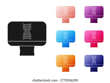 Black DNA spiral and computer monitor icon isolated on white background. Polygonal medical technology research mesh art. Set icons colorful. Vector Illustration
