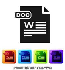 Black DOC file document. Download doc button icon isolated on white background. DOC file extension symbol. Set icons in color square buttons. Vector Illustration